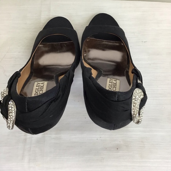 BADGLEY MISCHKA WOMEN ELEGANT BLACK SILK RHINESTONE BROACH OPEN TOE HEELS SZ 8M - Picture 4 of 7